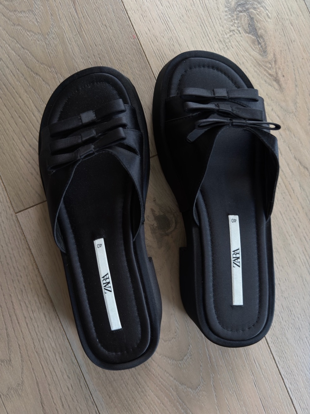 Zara Black Satin Bow Slide Sandals Balletcore Coquette Square Toe Size 40 (US 9)